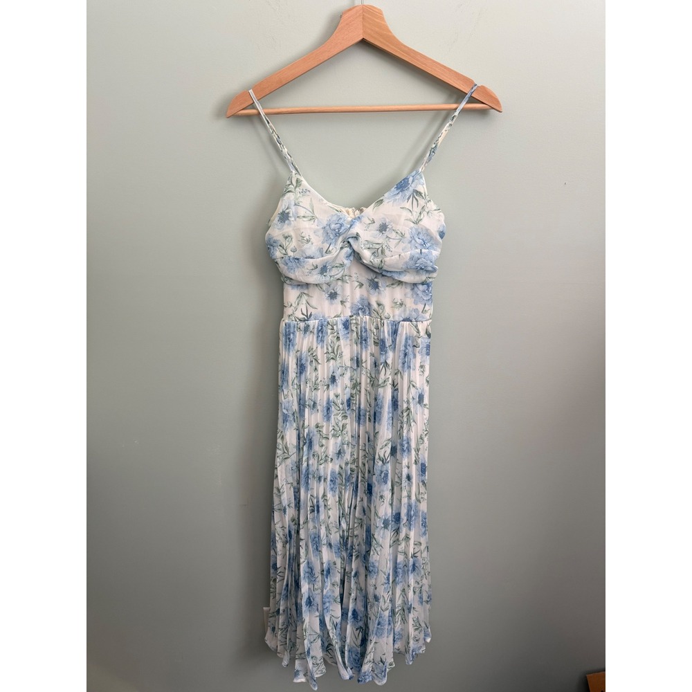 Audrey Parks Francesca's Blue White Floral Pleated Midi Dress Sweetheart Neck XS